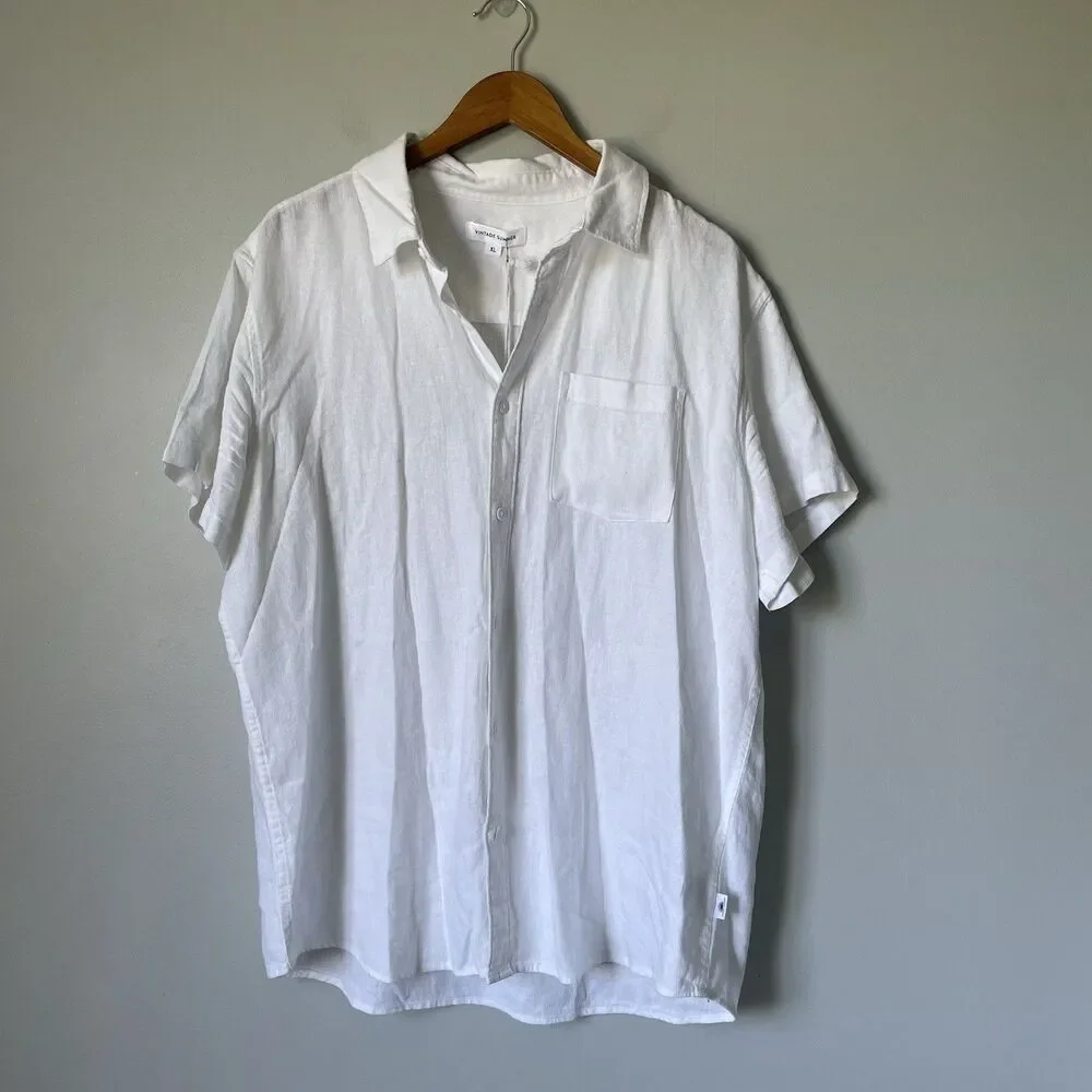 Vintage Summer Linen Blend Button Down Shirt Top Short Sleeves White Men's XL